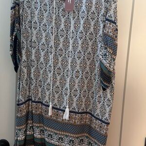 Midi Dress with Tassel Tie in Cream and Teal